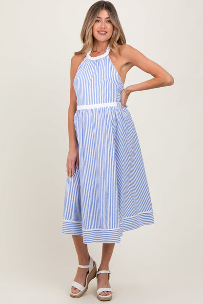Blue Striped Halter Maternity Tie Back Cutout Maternity Midi Dress