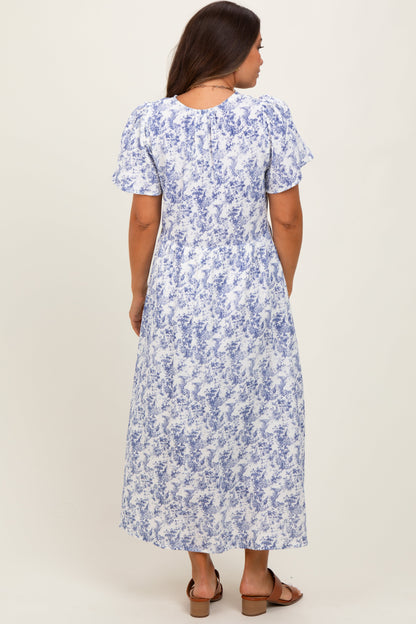 Blue Floral Button Up Tiered Maternity Midi Dress