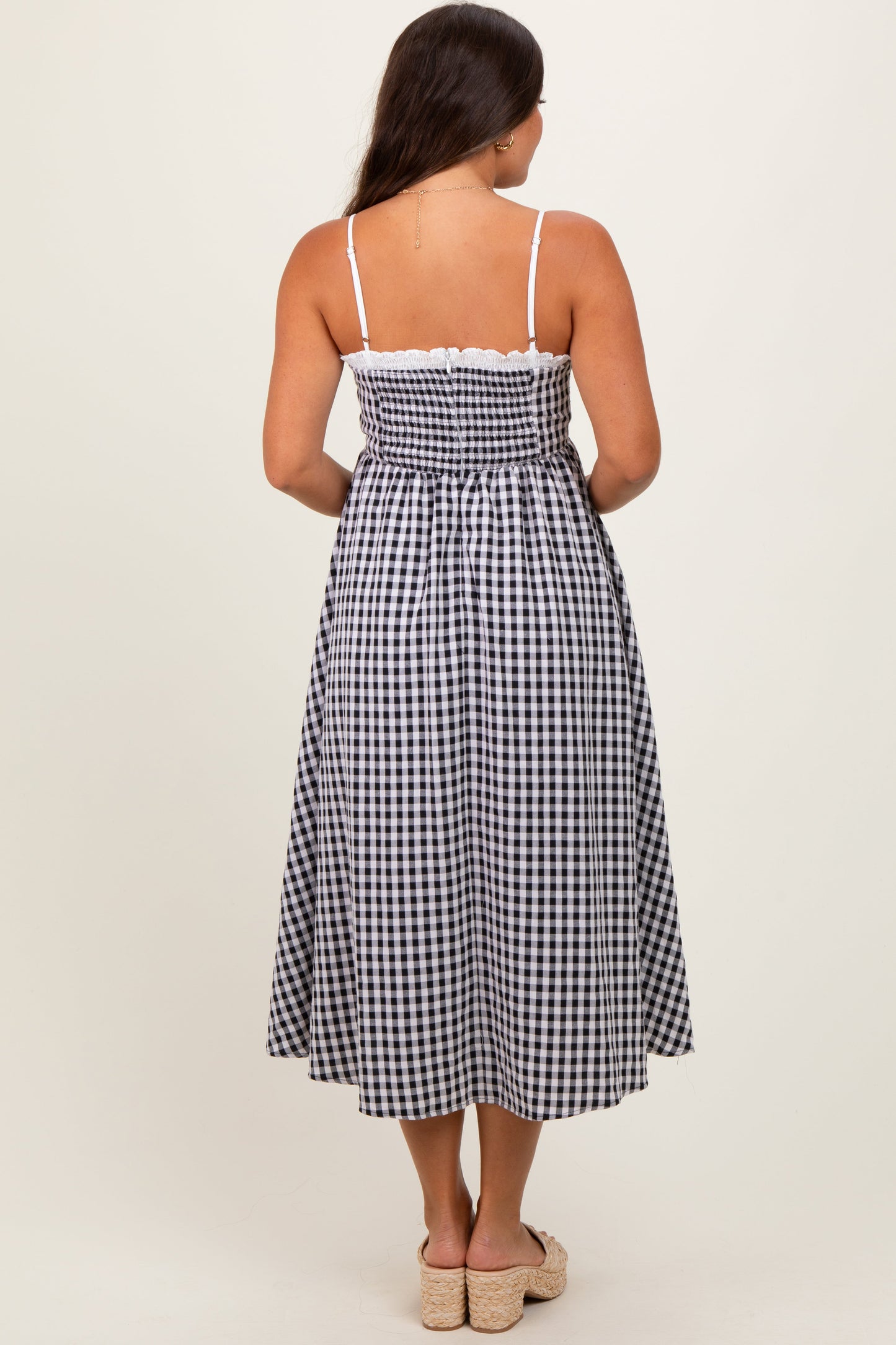 Black Gingham Smocked Trim Maternity Midi Dress