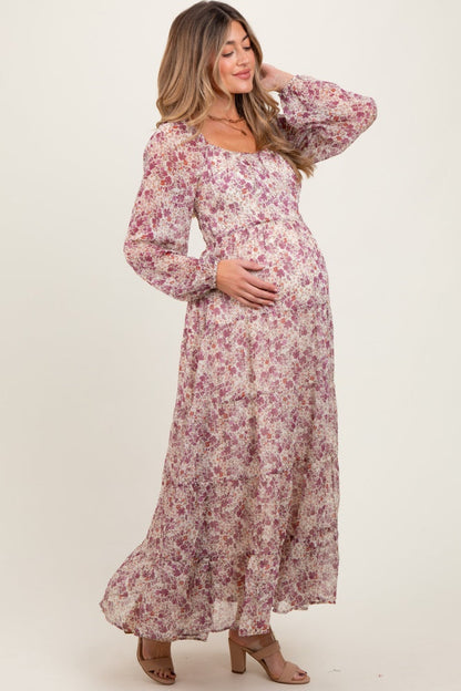 Mauve Floral Floral Chiffon Maternity Maxi Dress