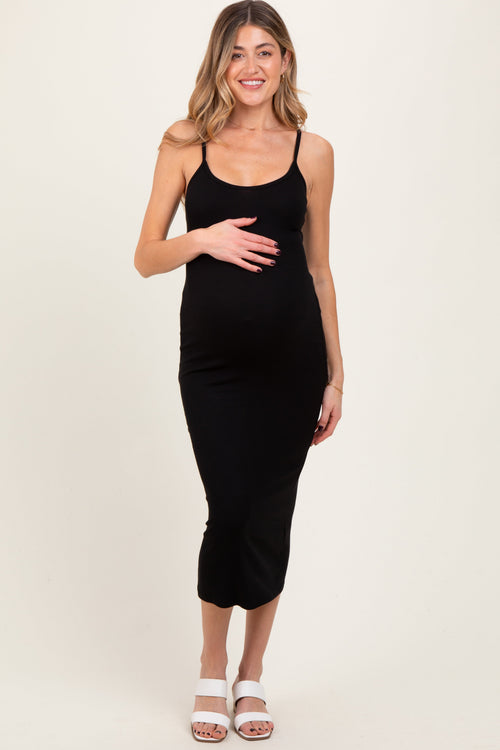 Black Ribbed Bodycon Maternity Midi Dress
