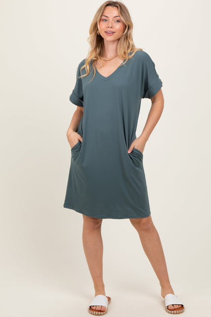 Jade Brushed Rolled Short Sleeve V-Neck Maternity Dress