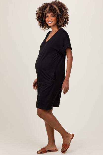 Black Brushed Rolled Short Sleeve V-Neck Maternity Dress