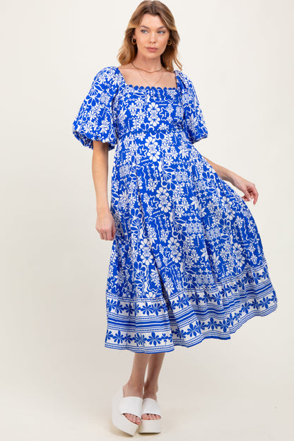 Blue Floral Scallop Trim Maternity Midi Dress