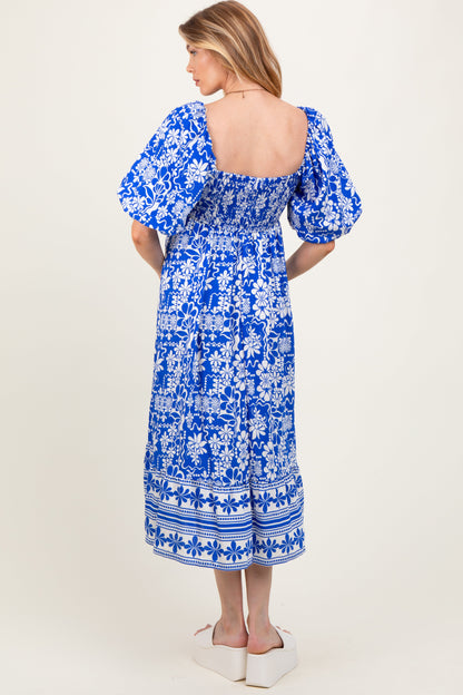 Blue Floral Scallop Trim Maternity Midi Dress