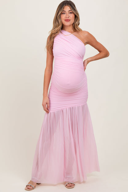 Light Pink Ruched Mesh One Shoulder Maternity Maxi Dress