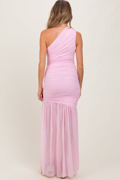 Light Pink Ruched Mesh One Shoulder Maternity Maxi Dress