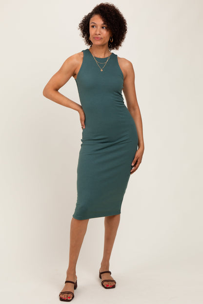 Olive Sleeveless Ribbed Knit Maternity Midi Dress