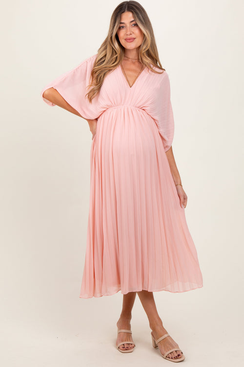 Light Pink Pleated V Neck Maternity Maxi Dress