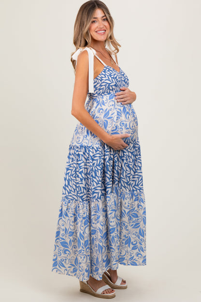 Blue Leaf Print Smocked Shoulder Tie Tiered Maternity Maxi Dress