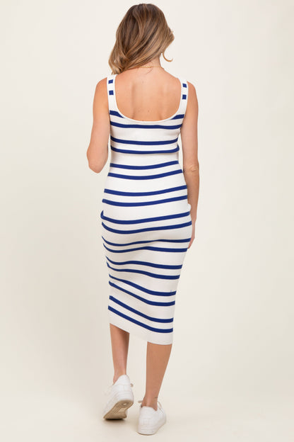 Navy Blue Striped Ribbed Knit Sleeveless Maternity Midi Dress