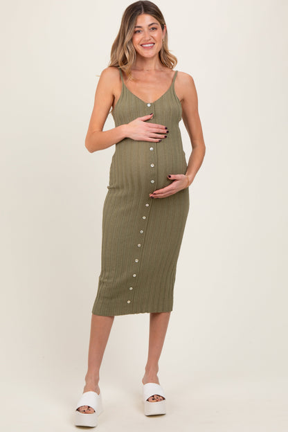 Olive Sleeveless Button Accent Knit Maternity Midi Dress