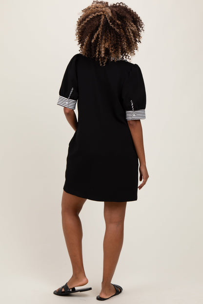 Black Mock Neck Contrast Striped Trim Maternity Mini Dress