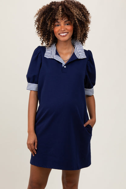 Navy Mock Neck Contrast Striped Trim Maternity Mini Dress