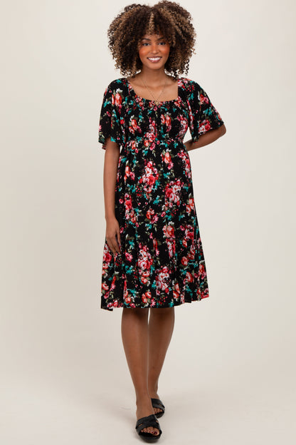 Black Floral Smocked Maternity Midi Dress