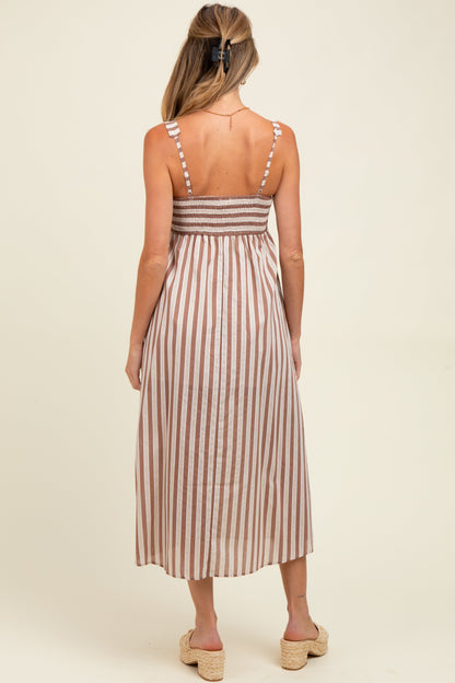 Mocha Striped Sleeveless Maternity Midi Dress