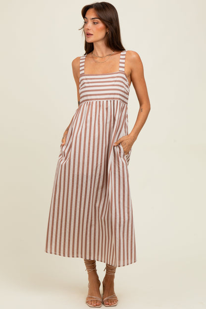 Mocha Striped Sleeveless Maternity Midi Dress