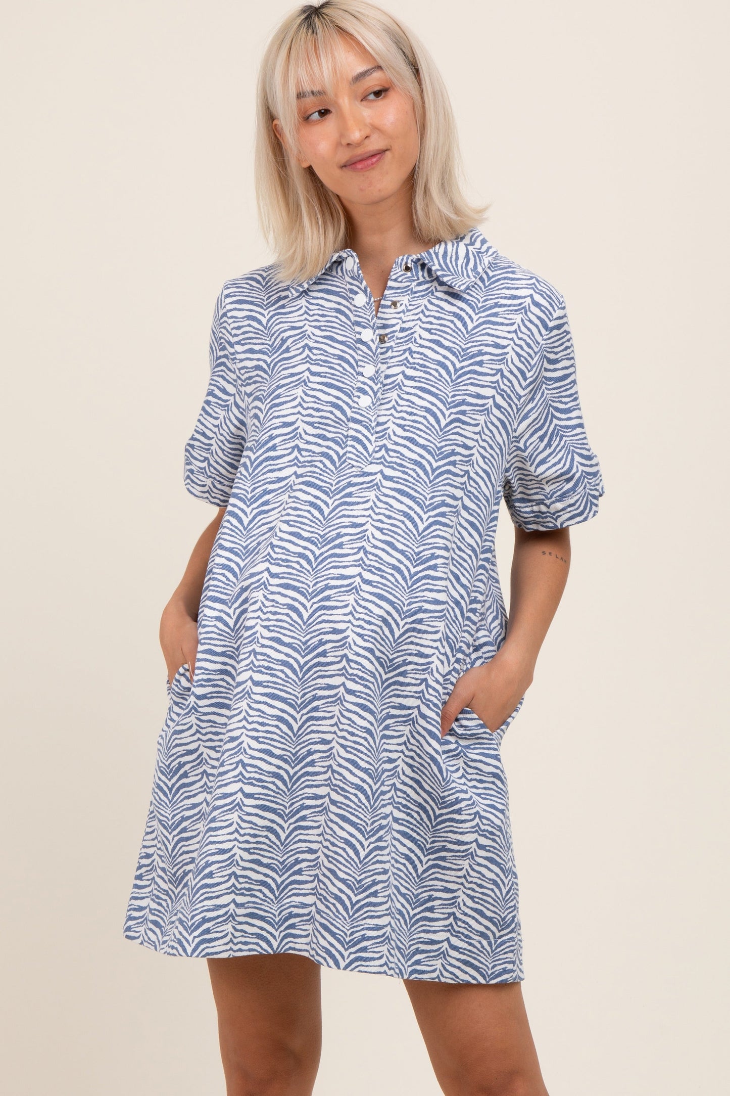 Blue Zebra Print Pocketed Maternity Mini Dress