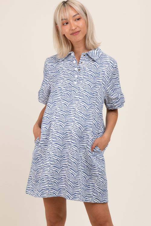 Blue Zebra Print Pocketed Maternity Mini Dress