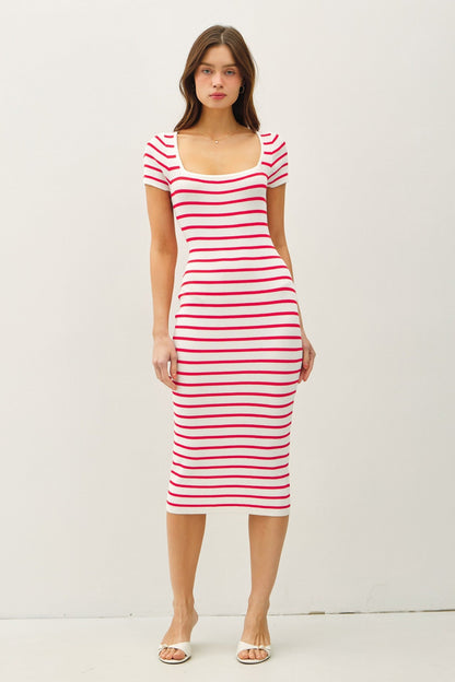 Red Striped Square Neck Short Sleeve Maternity Midi Dress