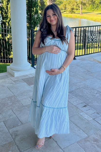 Ivory Striped Bow-Tie Maternity Maxi Dress