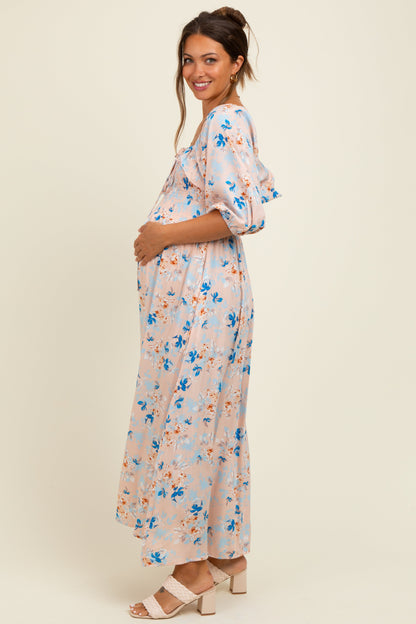 Peach Floral Smocked Front Tie Maternity Maxi Dress