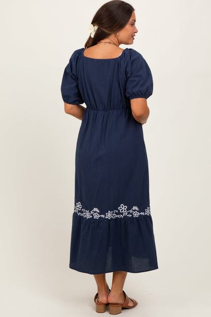 Navy Embroidered Floral Square Neck Maternity Maxi Dress