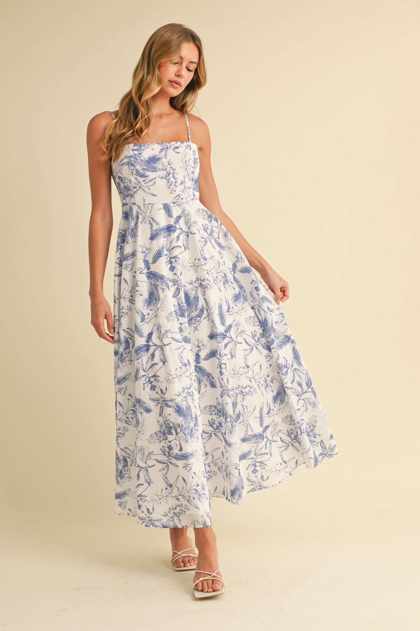 Blue Spaghetti Strap Printed A-Line Maternity Midi Dress