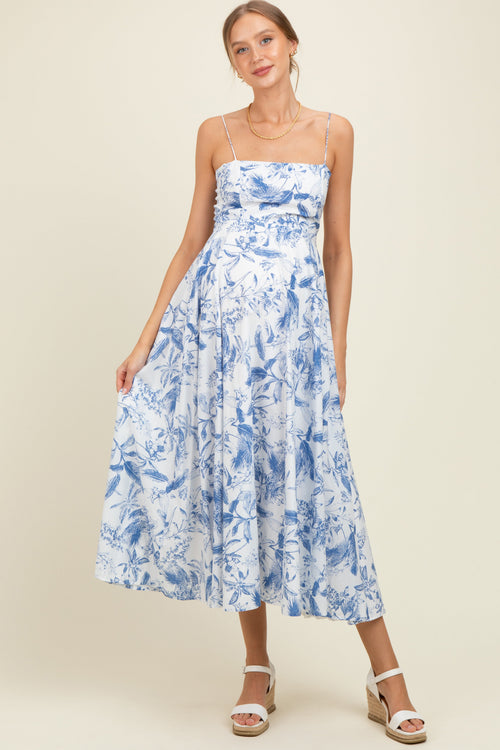 Blue Spaghetti Strap Printed A-Line Maternity Midi Dress