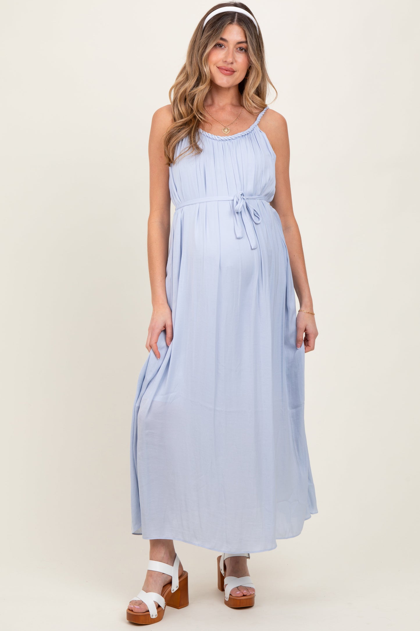 Light Blue Braided Neckline Maternity Maxi Dress