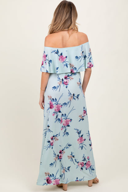 Mint Off Shoulder Floral Ruffle Maternity Maxi Dress