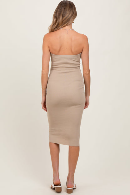 Taupe Fitted Tube Knit Maternity Midi Dress