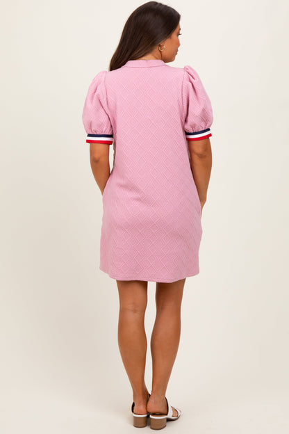 Pink Jacquard Zipper Collar Maternity Mini Dress
