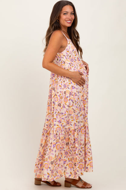 Peach Floral Sleeveless Tiered Maternity Maxi Dress