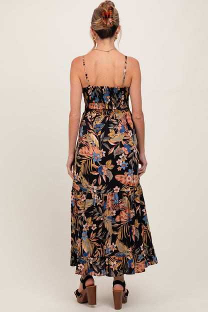 Black Tropical Print Twist Front Cutout Maternity Maxi Dress