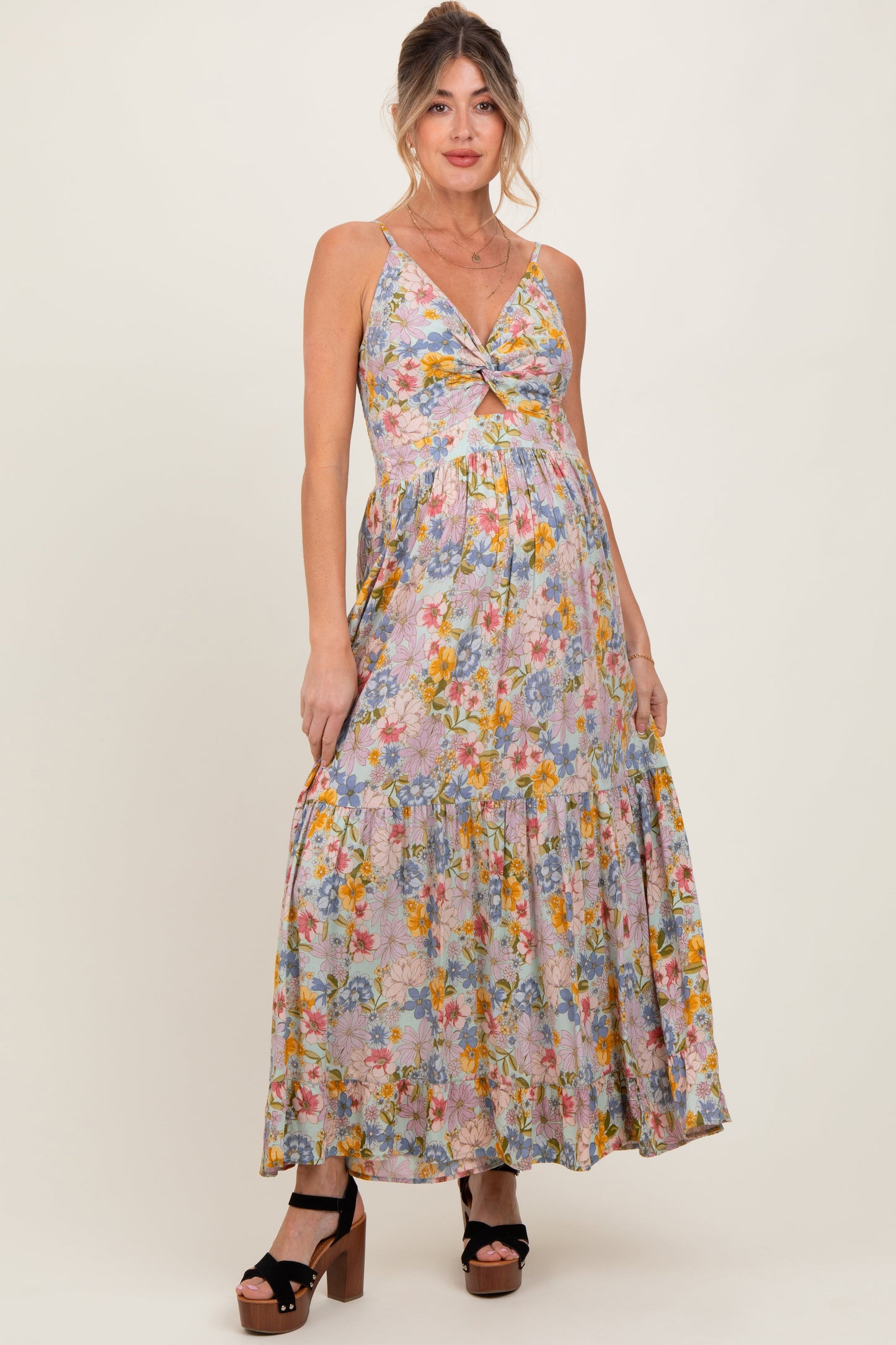 Mint Green Floral Twist Front Cutout Maternity Maxi Dress