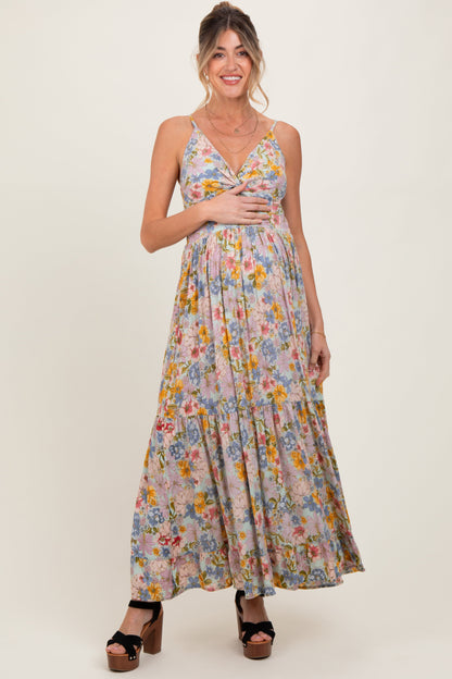 Mint Green Floral Twist Front Cutout Maternity Maxi Dress