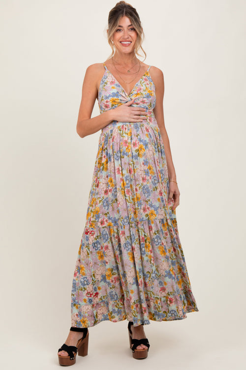 Mint Green Floral Twist Front Cutout Maternity Maxi Dress