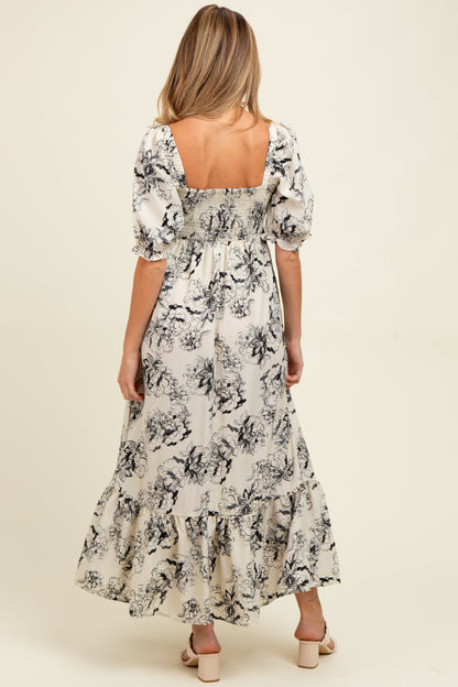 Ivory Rose Print Pleated Bodice Maternity Maxi Dress