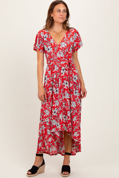 Red Floral Sash Tie Maternity Wrap Hi-Low Dress
