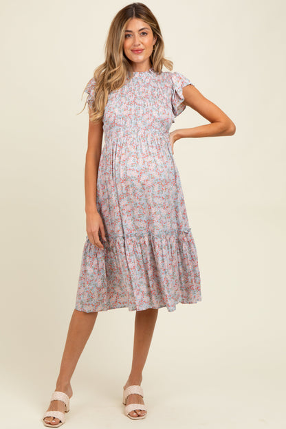 Light Blue Floral Mock Neck Smocked Ruffe Sleeve Maternity Midi Dress