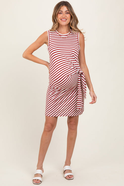 Red Striped Sleeveless Side Tie Maternity Mini Dress
