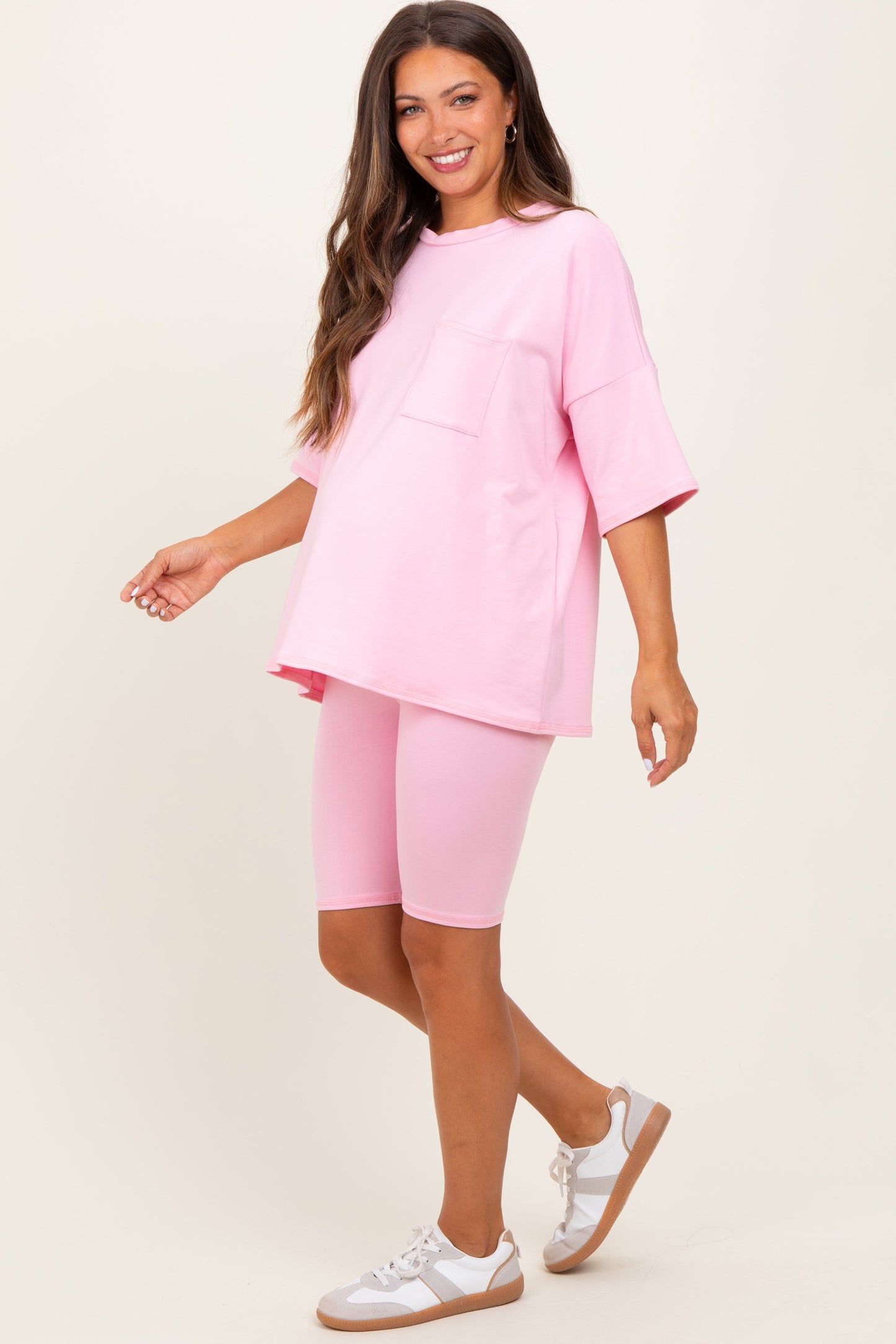 Light Pink Oversized Short Sleeve Biker Short Maternity Set