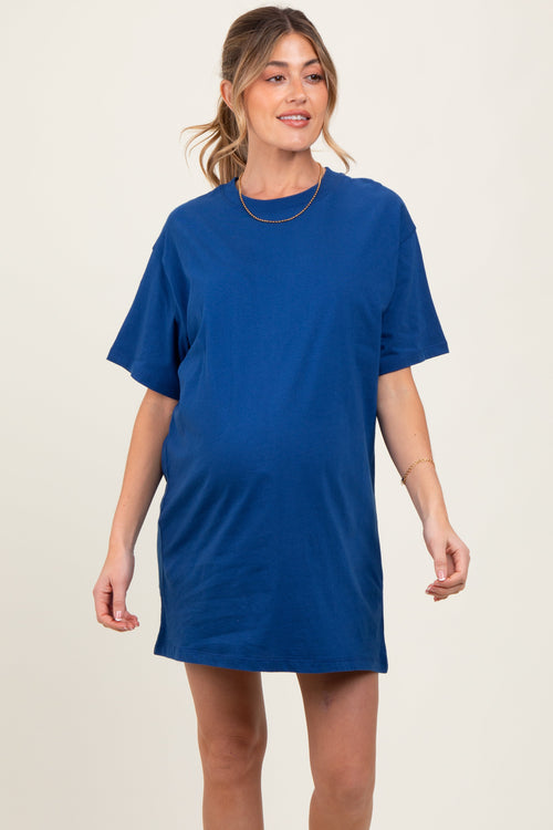 Light Navy Crewneck Short Sleeve Maternity T-Shirt Dress