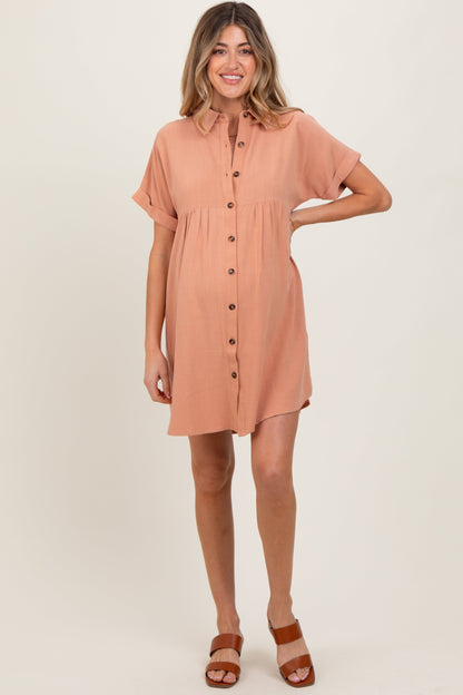 Peach Dolman Sleeve Linen Maternity Shirt Dress