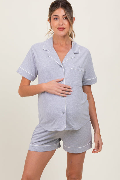 Heather Grey Short Sleeve Button Down Shirt Shorts Maternity Set