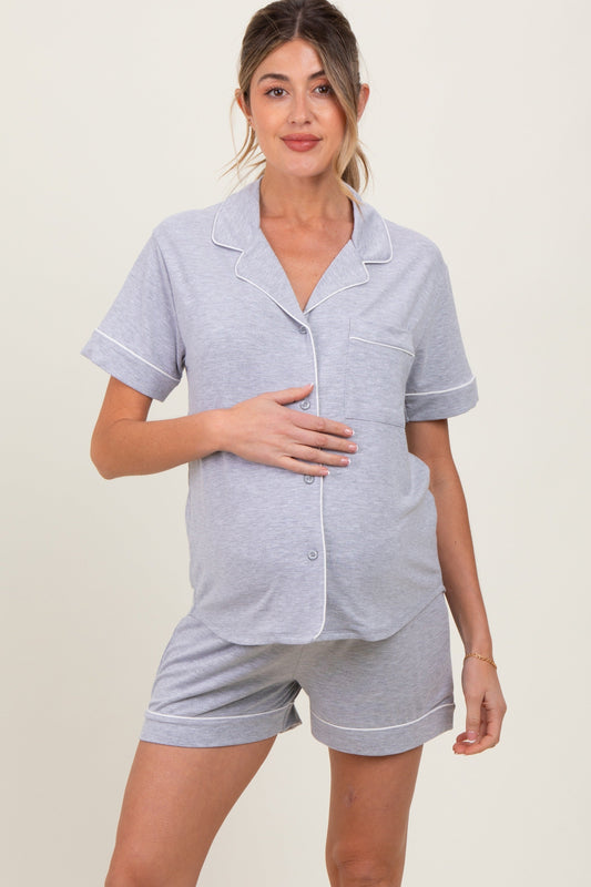 Heather Grey Short Sleeve Button Down Shirt Shorts Maternity Set
