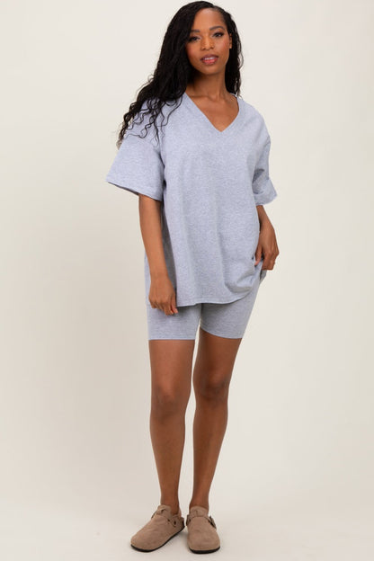Heather Grey Oversized V-Neck Biker Short Maternity Set