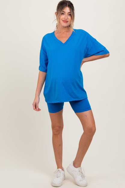 Aqua Oversized V-Neck Biker Short Maternity Set