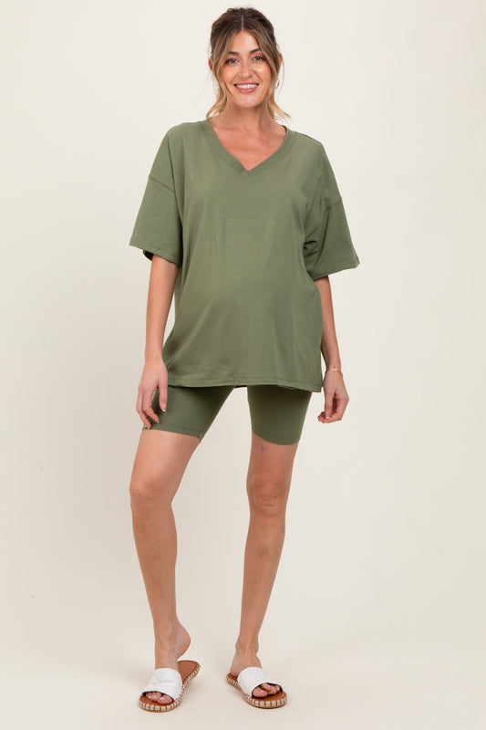 Olive Oversized V-Neck Biker Short Maternity Set
